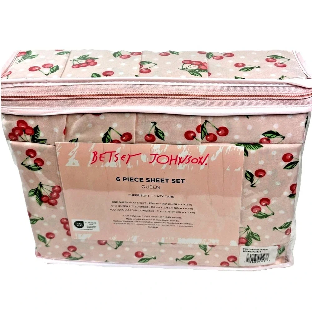 Betsey Johnson Queen 6 Piece Sheet Set Cherry Polka Dot Pink Bedding